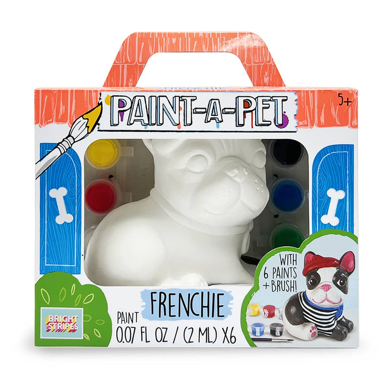 A blank white plaster french bulldog puppy in a carrying case box with a set of paints.