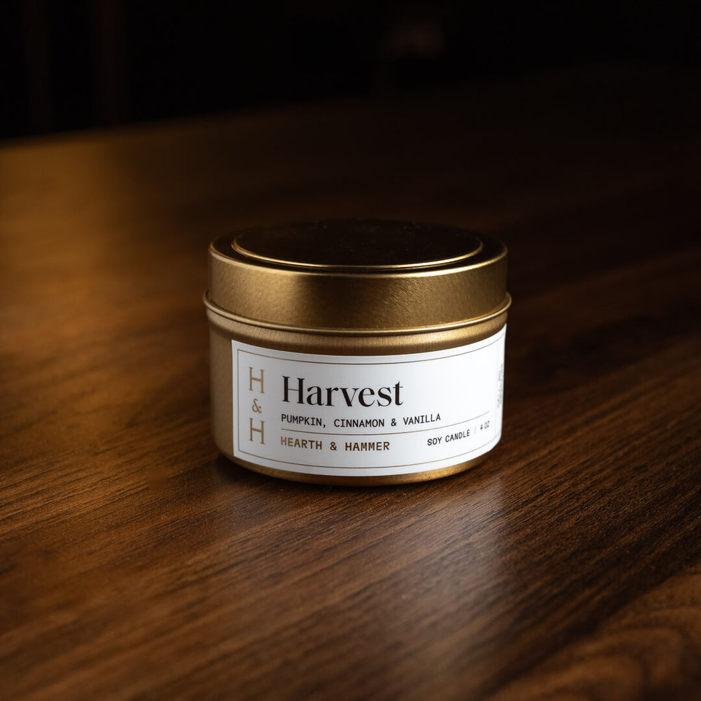 A closed Harvest tin resting on a dark wooden table