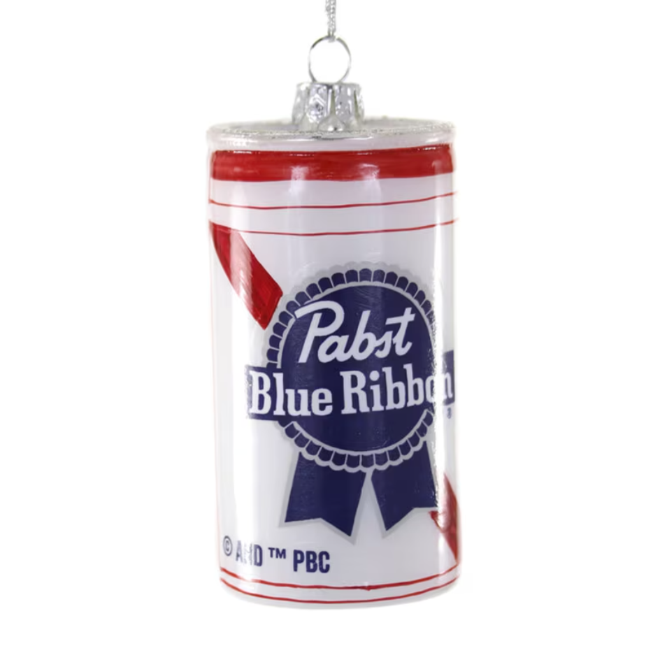 An ornament resembling a Pabst Blue Ribbon can with a loop of silver cord for tree hanging.