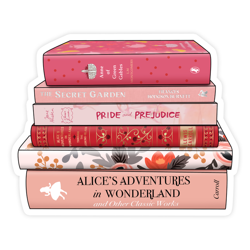 A sticker illustrated with pink classic novels.