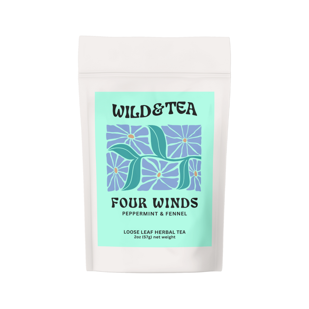 A white bag of Four Winds peppermint and fennel loose leaf tea with a mint green label illustrated with abstract flowers.