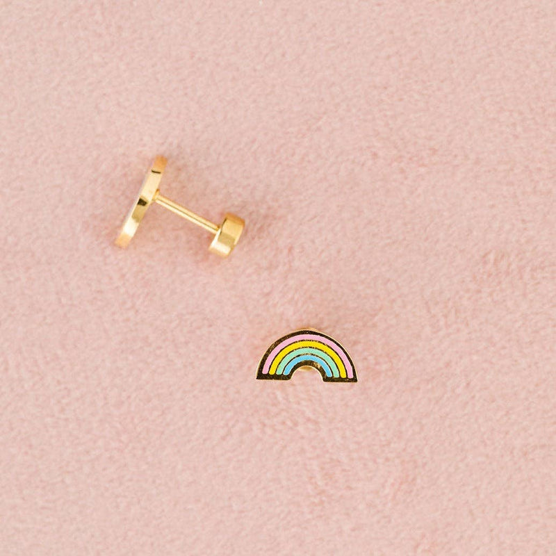 A close-up of the pastel rainbow on the stud earrings.