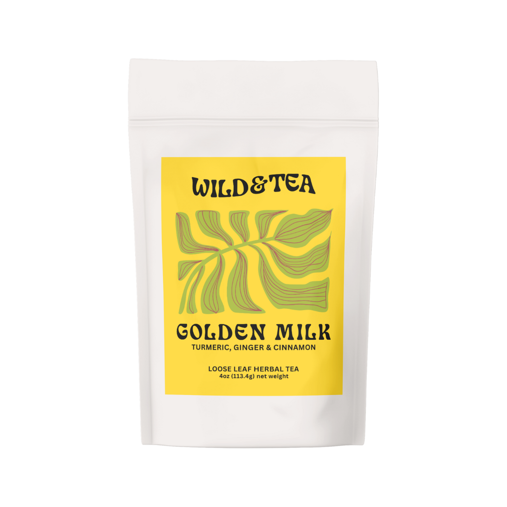 A white bag of Golden Milk loose leaf tea with a yellow label illustrated with an abstract plant.