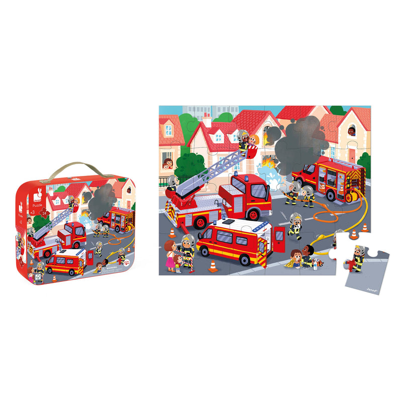 A puzzle illustrated with a firefighter team putting out a house fire in a suburban neighborhood.