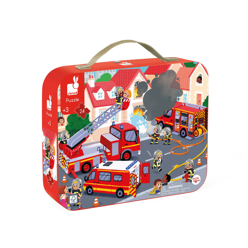 The carrying case with the fireman illustration and an olive green strap.