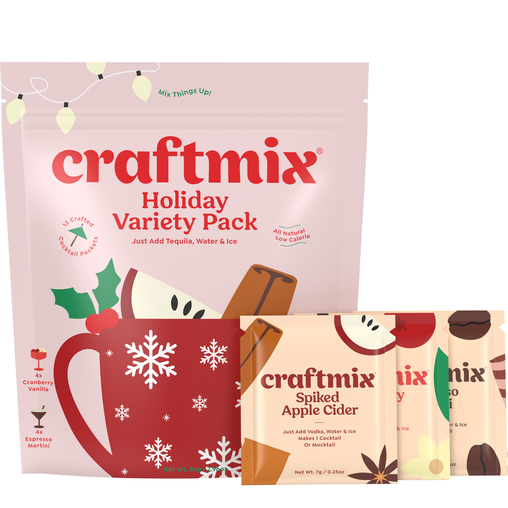 A Holiday Variety Pack next to individual mixes of Spiked Apple Cider, Cranberry Vanilla, and Espresso Martini.