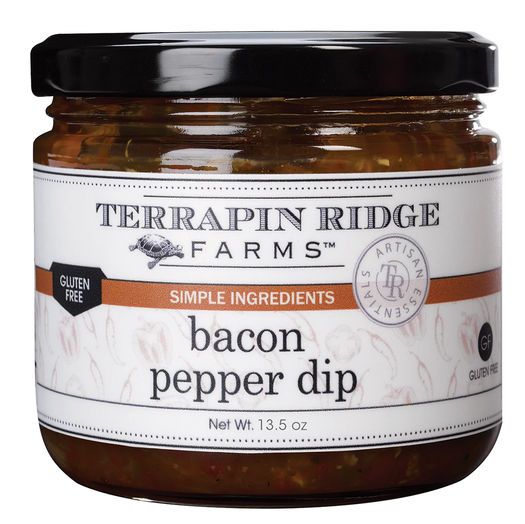 A clear jar of Bacon Pepper Dip with a black lid.