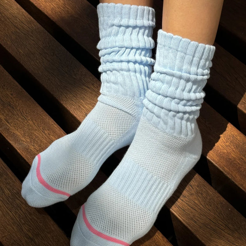 A person wearing  Ballet Socks in Baby Blue.