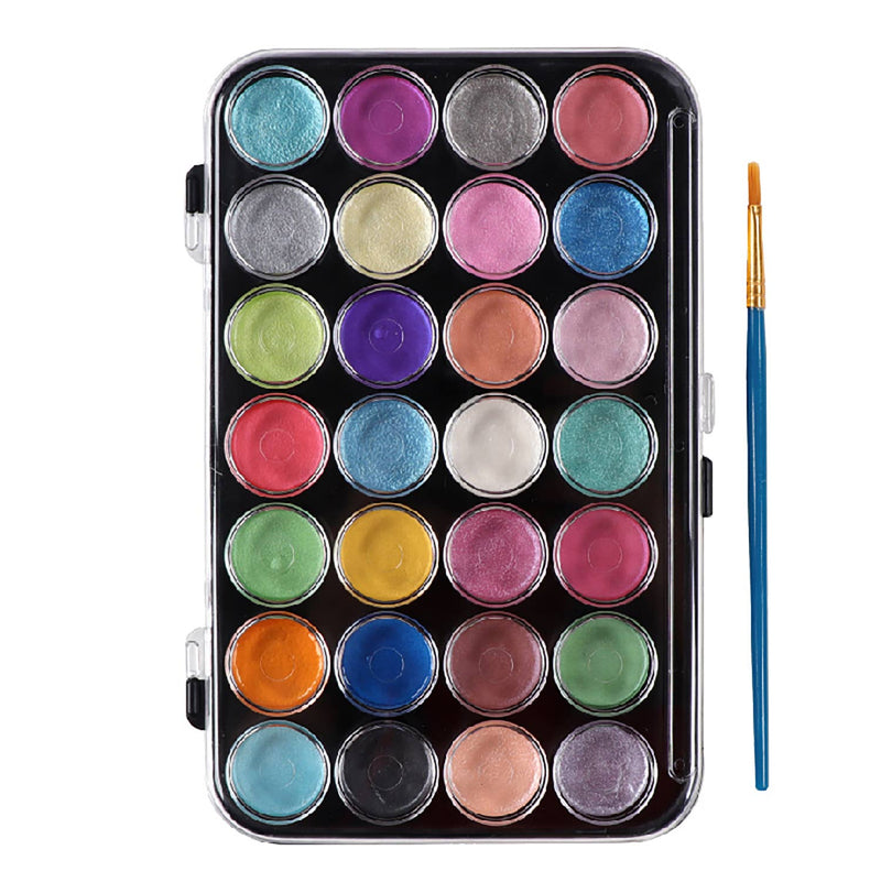 A tray of 28 metallic shimmery watercolor paints with a rainbow of color next to a thin paint brush.