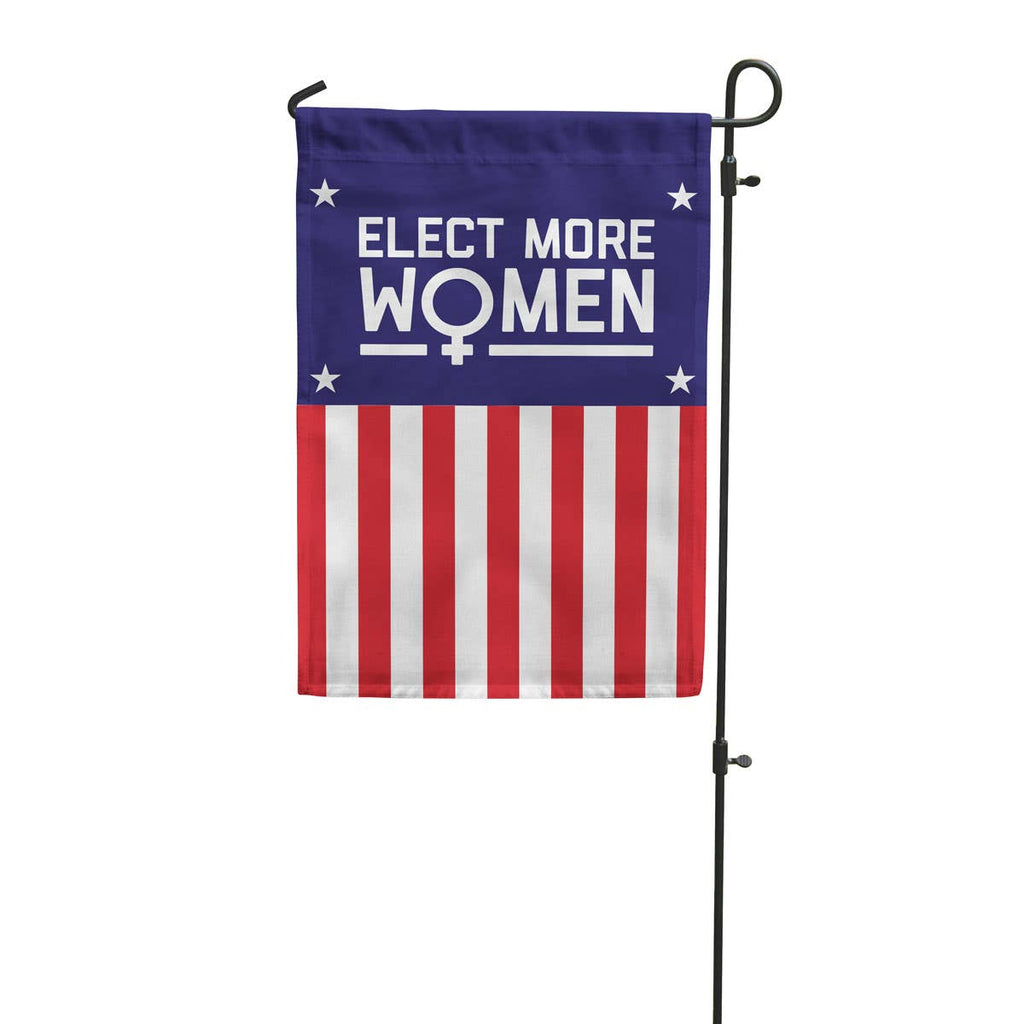  garden flag that says "Elect More Women" featuring red and white stripes, white stars on a blue background, and a female symbol for the "O."