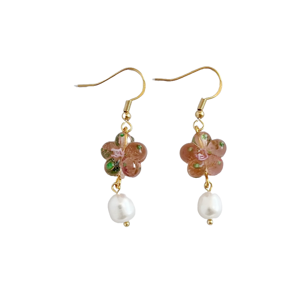 Pink Flower Earrings With Freshwater Pearl