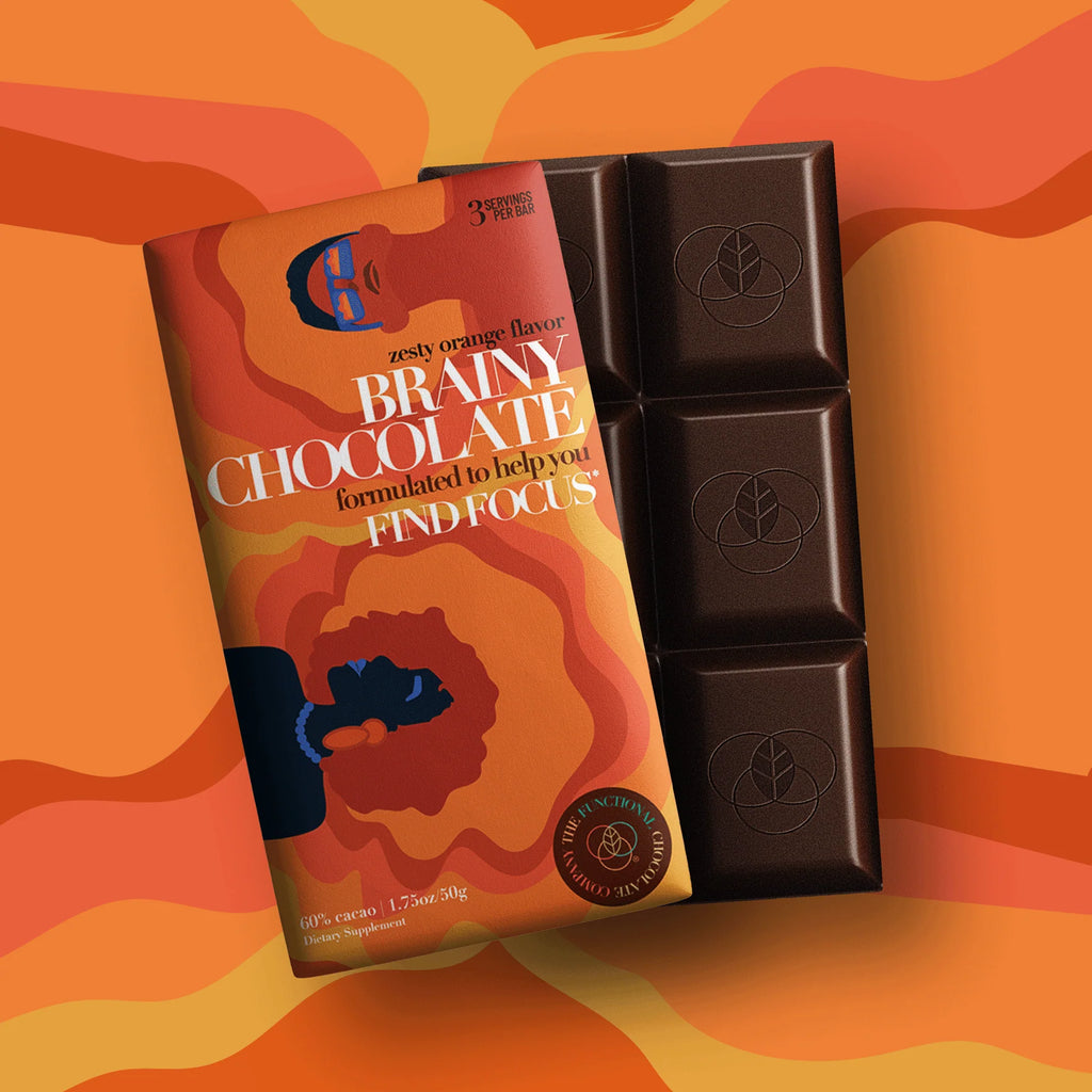 A bar of Brainy Chocolate with orange packaging and corporate memphis style illustrations.