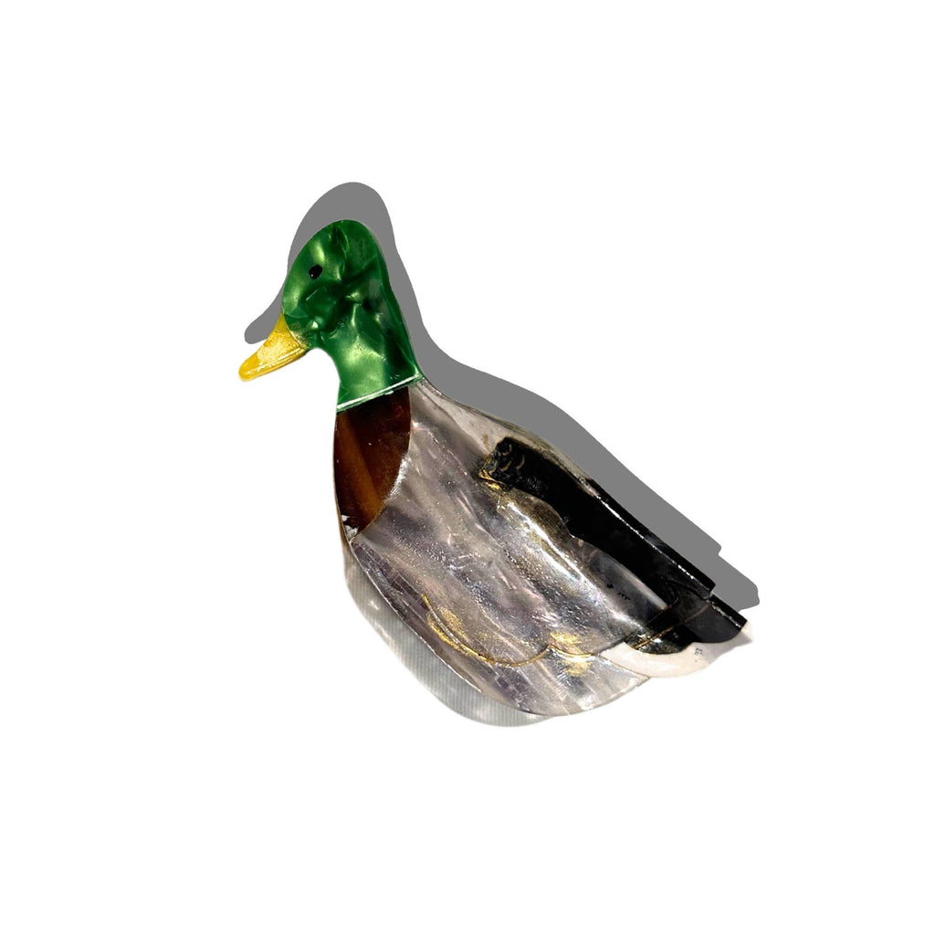 A hand painted mallard duck claw clip with gold painted accents.