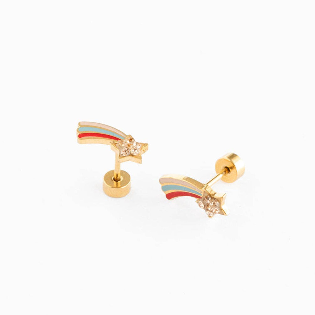 A pair of gold stud earrings with a crystal embedded shooting star with an enamel tail. The studys have a flat back post.