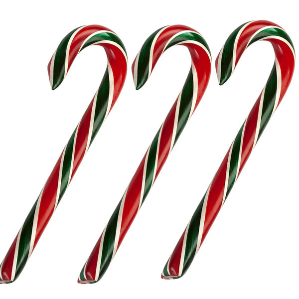 A trio of red, white, and green striped cherry candy canes.