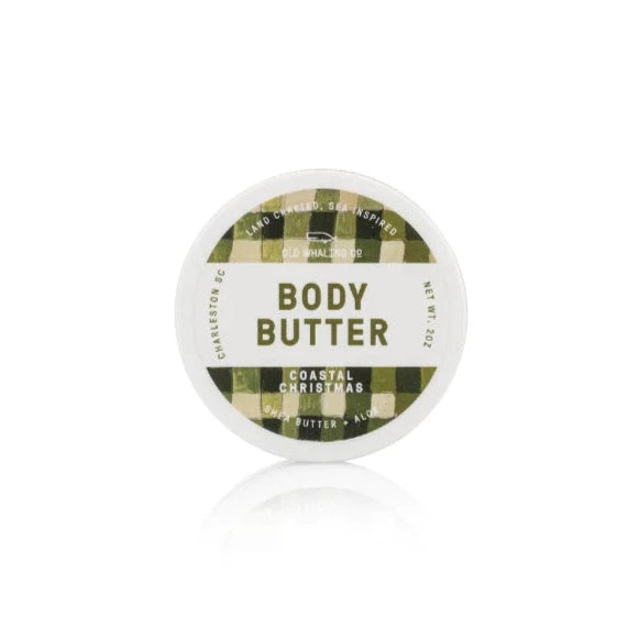 A cream and green plaid tub of Coastal Christmas Body Butter.