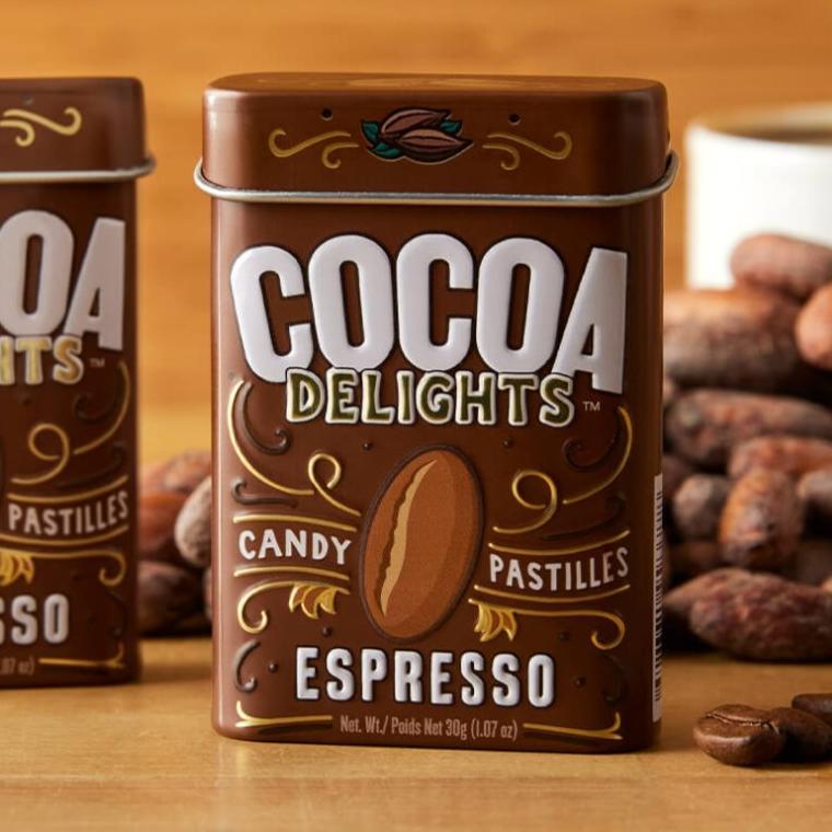 A brown tin of Espresso Cocoa Delights candies.