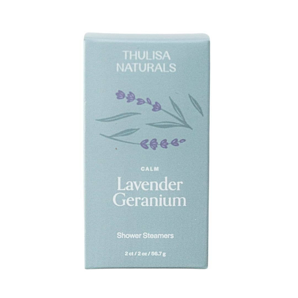 A mint green box illustrated with sprigs of lavender and filled with lavender geranium scented shower steamers.