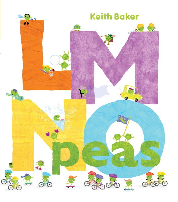 The book cover of Keith Baker's LMNO Peas featuring peas atop large letters doing a variety of activities such as biking, gardening, hiking, scuba, and skateboarding.