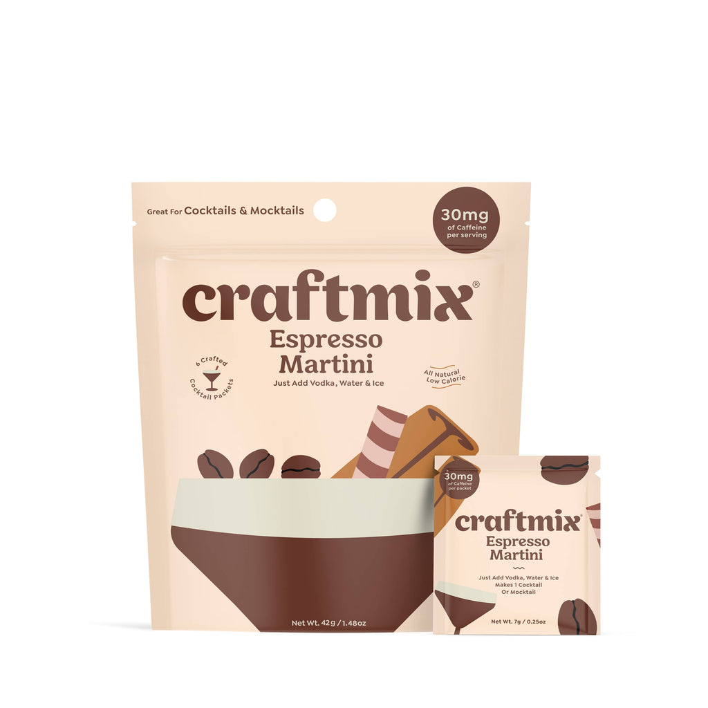 A pouch of Craftmix Espresso Martini mixes next to an individually wrapped Espresso Martini mix.