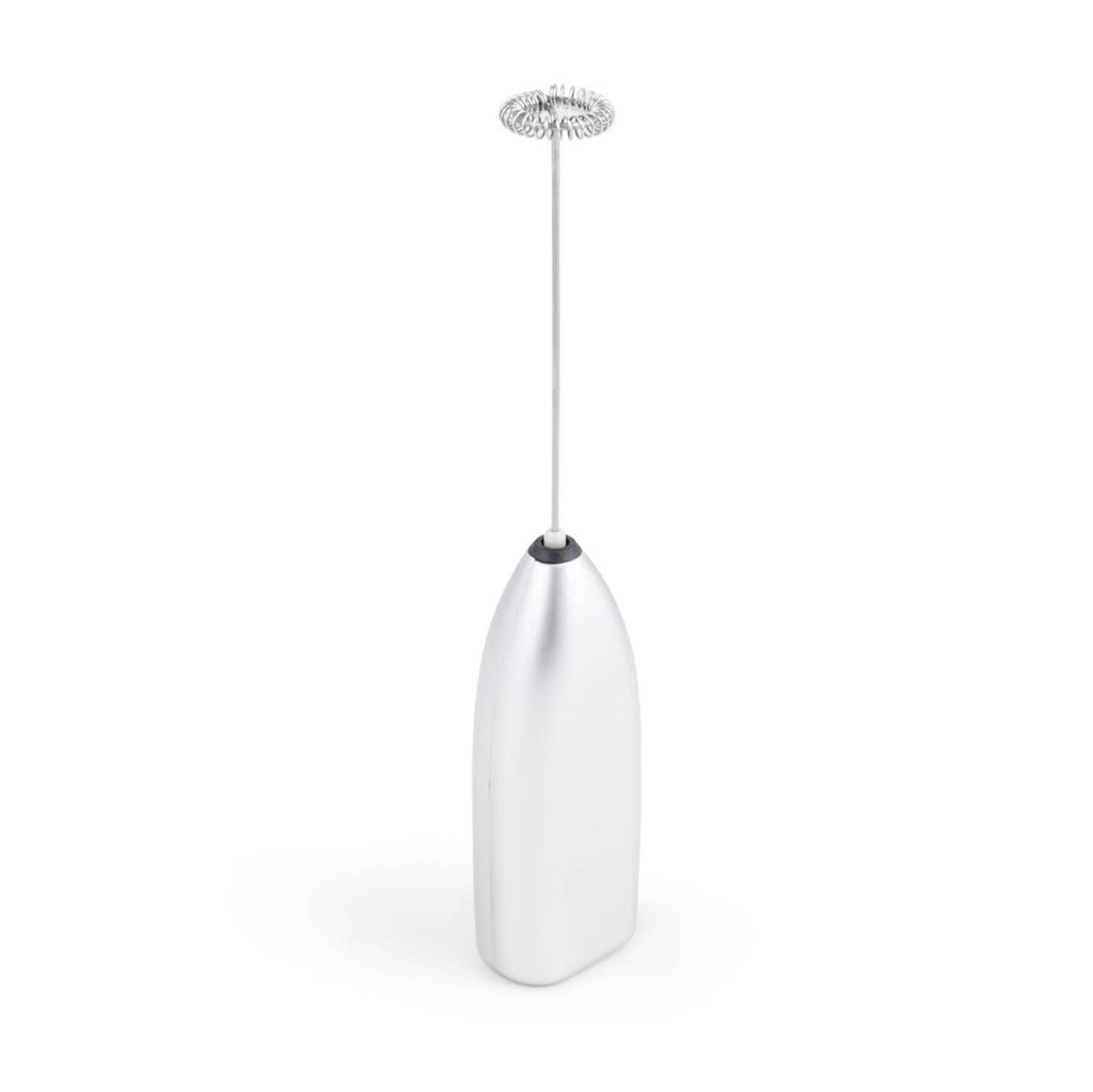 A silver handheld milk frother.