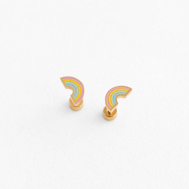 A pair of gold stud earrings with a pastel enamel rainbow and flat post backings.