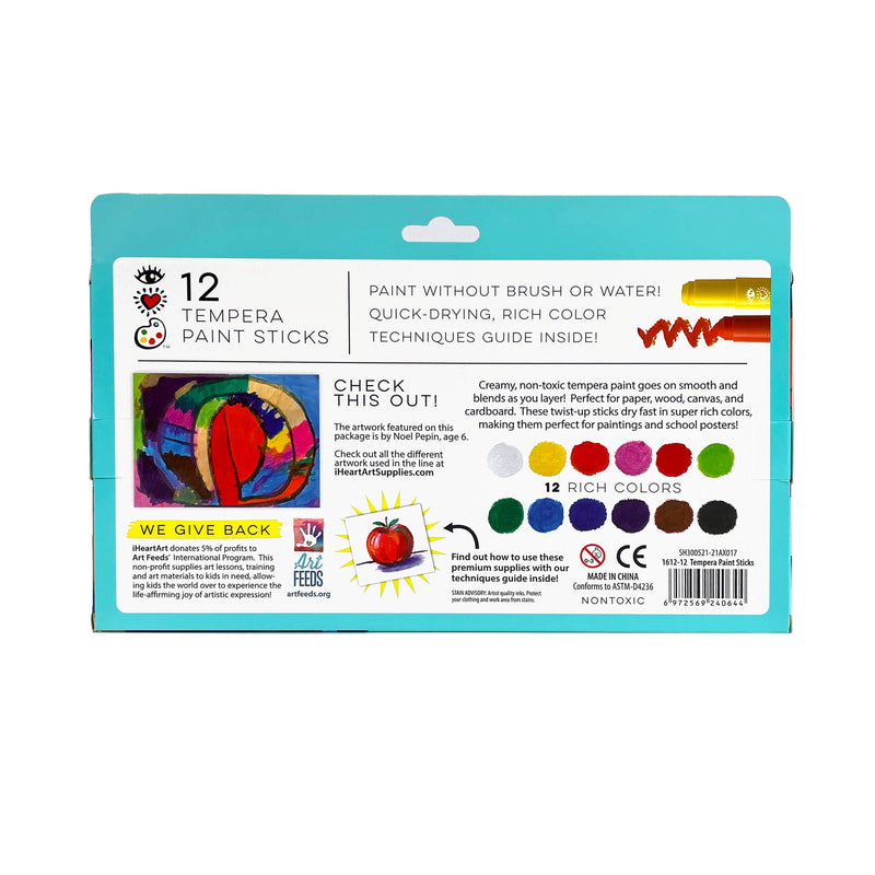 The back of the packaging, showing an example of the paint sticks used in art.