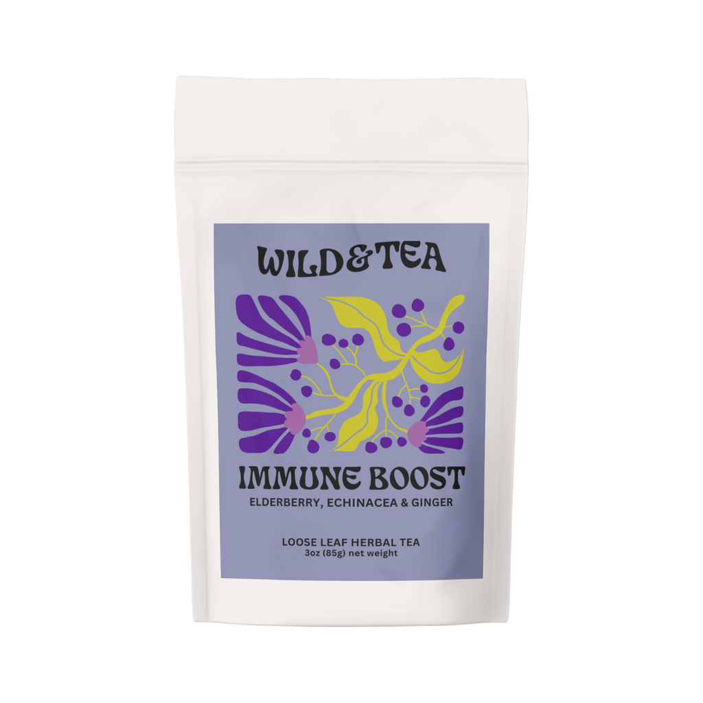 A white bag of Immune Boost loose leaf tea with a indigo label illustrated with abstract flora.