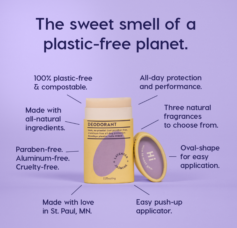 A graphic of the deodorant that reads "100% plastic-free & compostable. ade ith all-natural ingredients. Paraben free. Aluminum-free. Cruelty-free. Made with love in St. Paul, MN. Easy push-up applicator. Oval-shape for easy application. Three natural fragrances to choose from. All-day protection and performance."