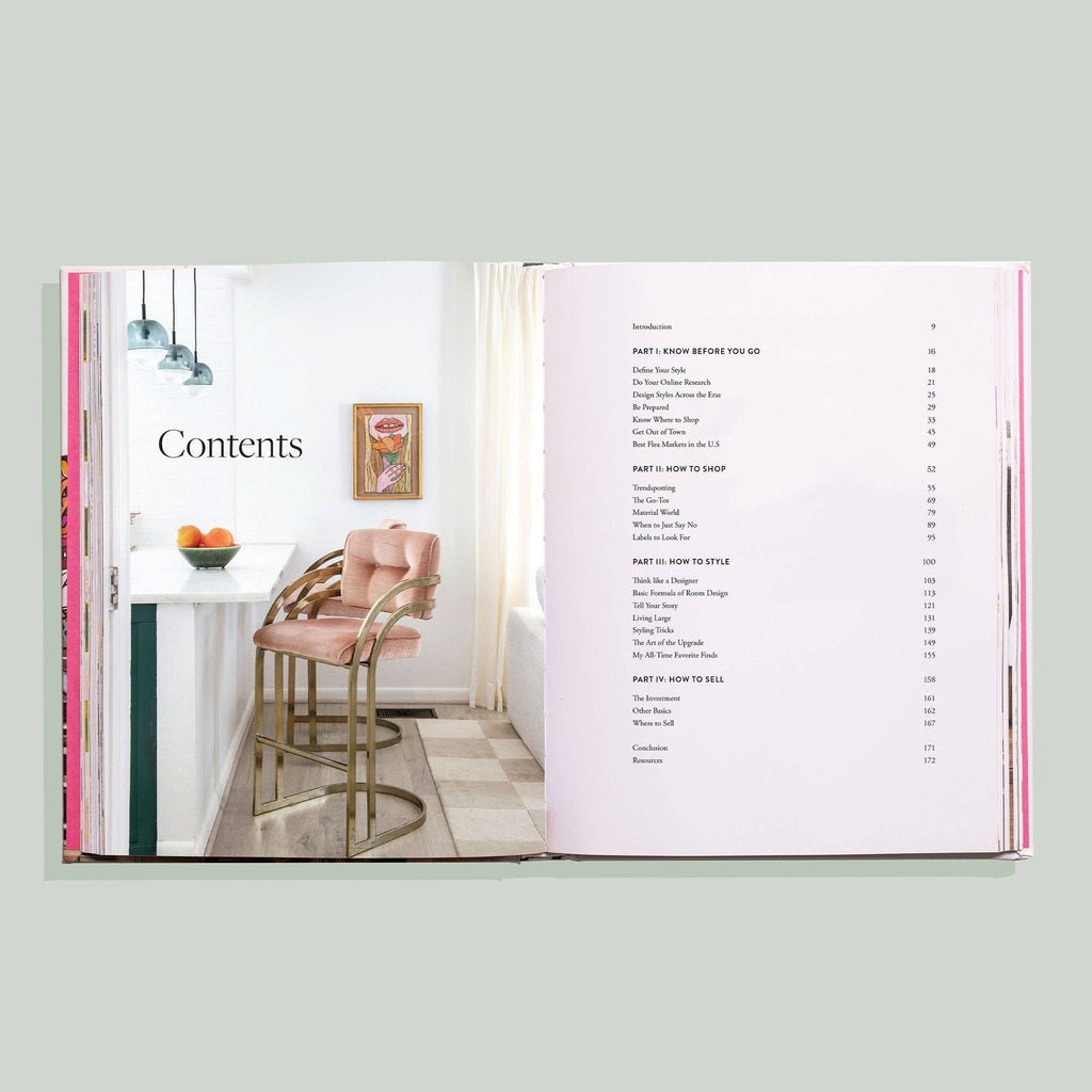 A page layout featuring a styled kitchen and the table of contents.