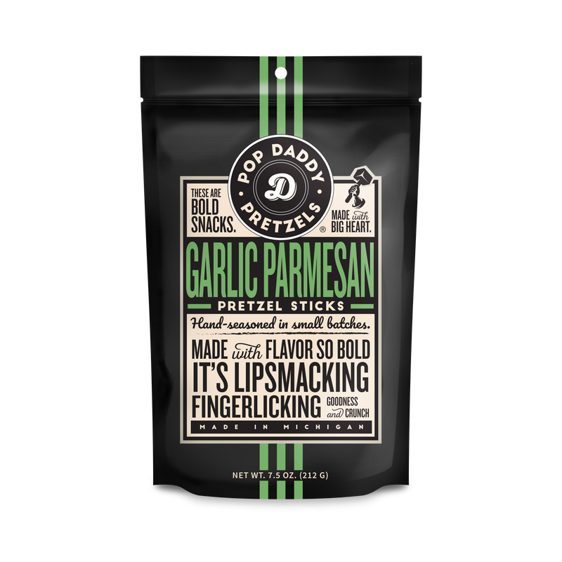 A black and green bag of Garlic Parmesan Pretzels.