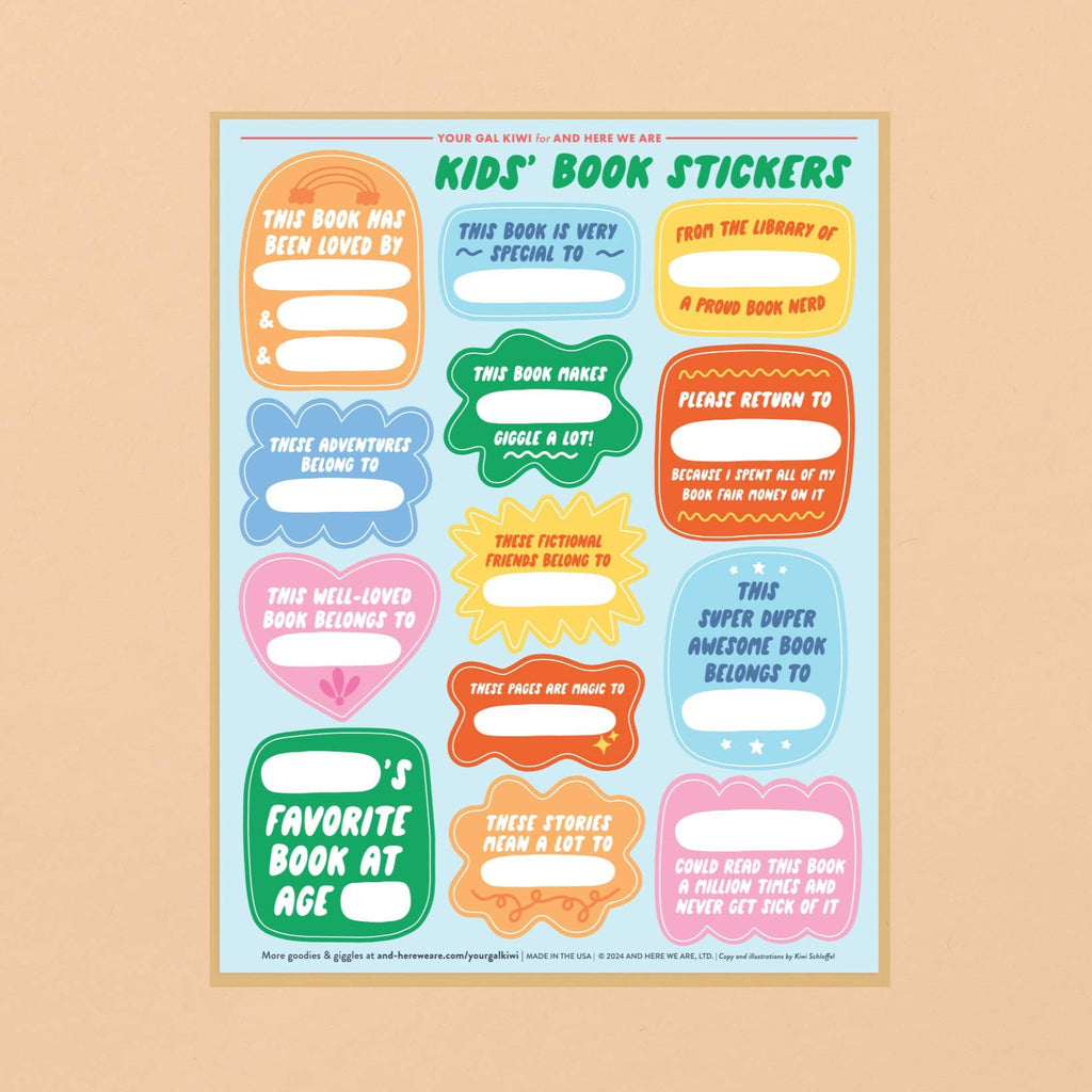 A light blue sticker sheet filled with colorful book plates to place inside books.