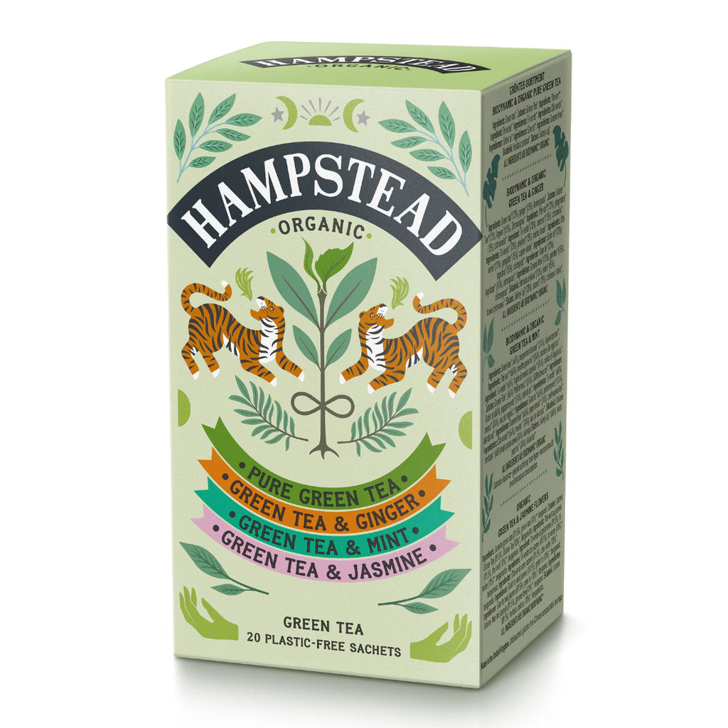 A pale green box of Hampstead Organic Green Tea selections with illustrations of a pair of tigers surrounded by foliage and celestial bodies.