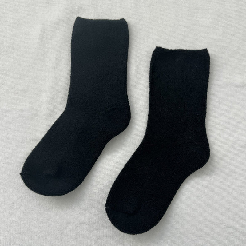 A pair of fluffy black socks.