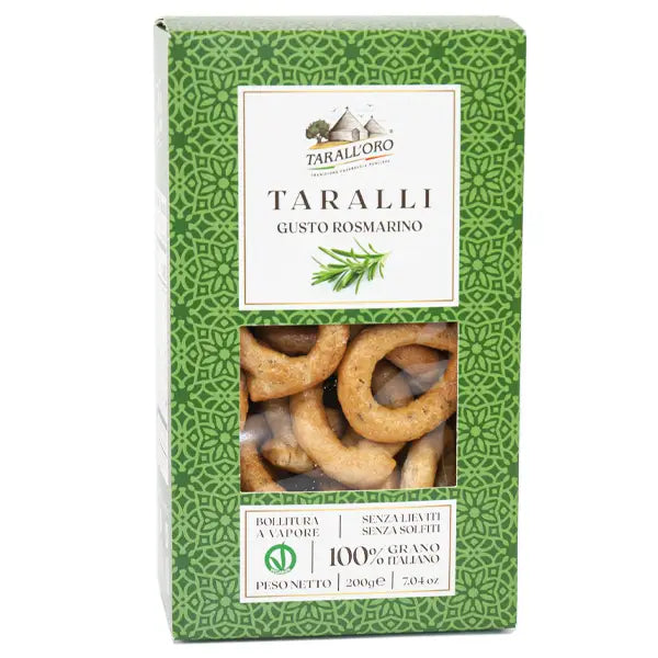 A green box filled with Italian rosemary-infused taralli crackers.