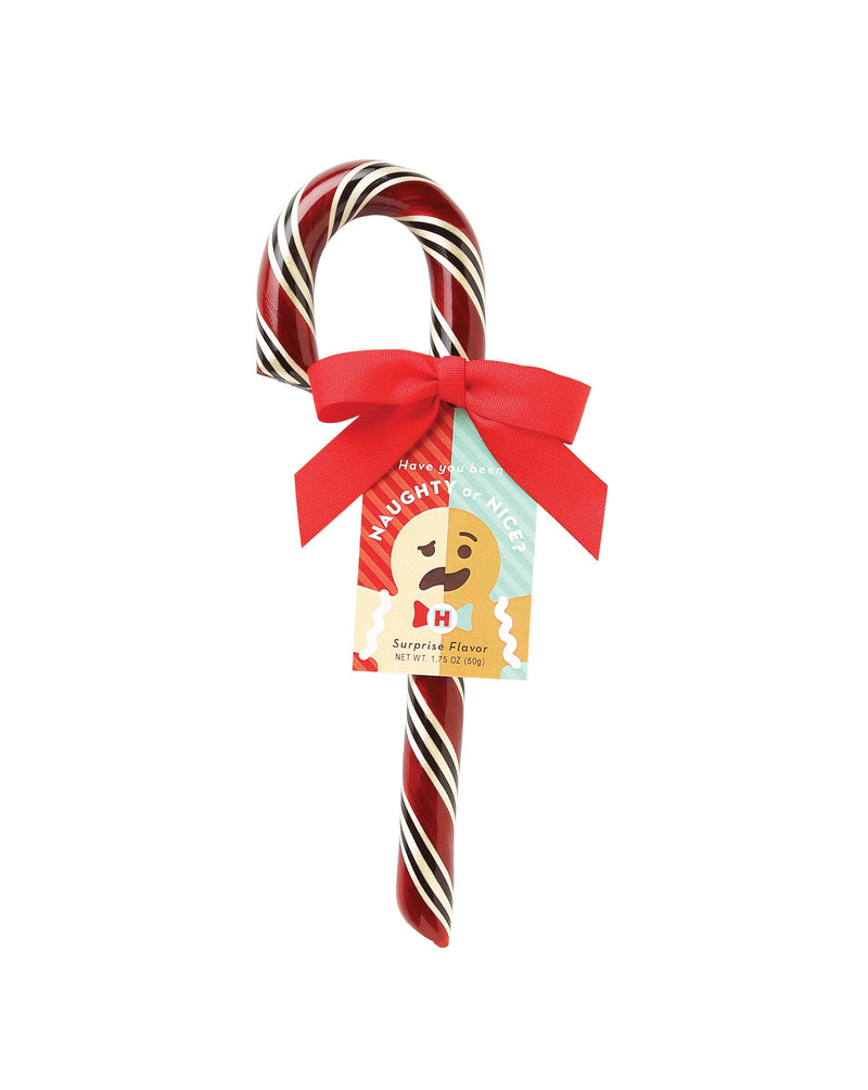 A red, black, and white striped candy cane with a red bow.