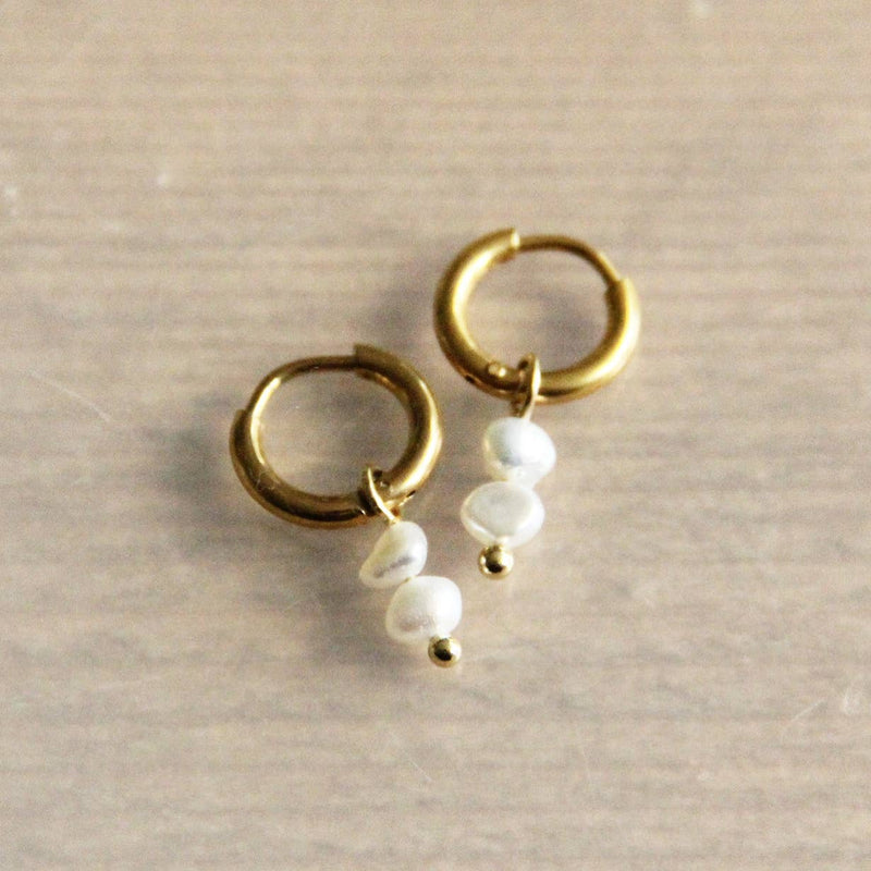 Double Pearl Huggie Hoops in Gold