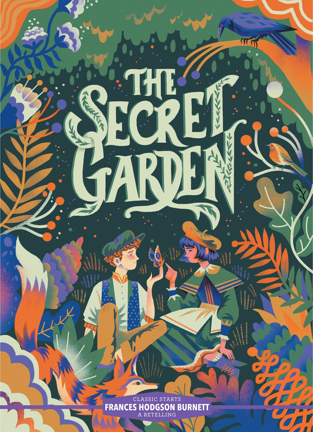 An orange, green, and indigo book cover of Frances Hodgson Burnett's The Secret Garden featuring a boy and girl surrounded by flora and fauna.