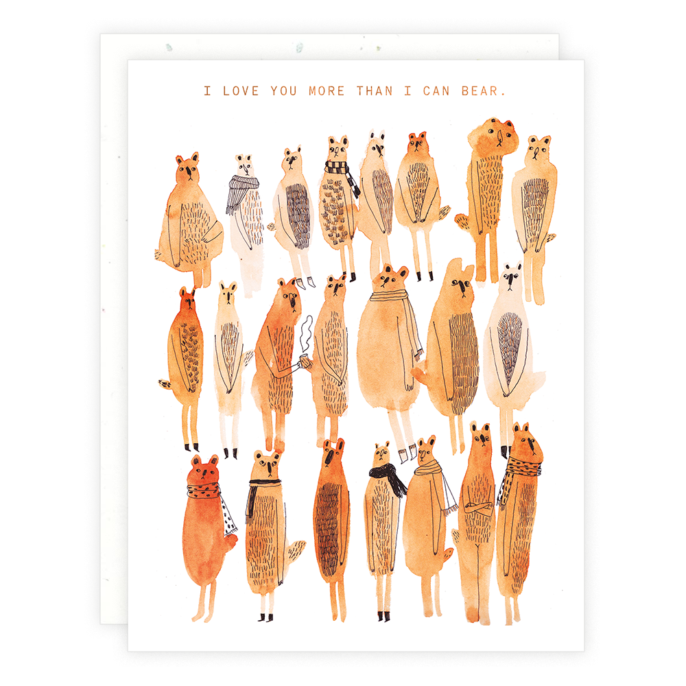 A white card with 24 watercolor illustrated bears with "I Love your More Than i Can Bear."