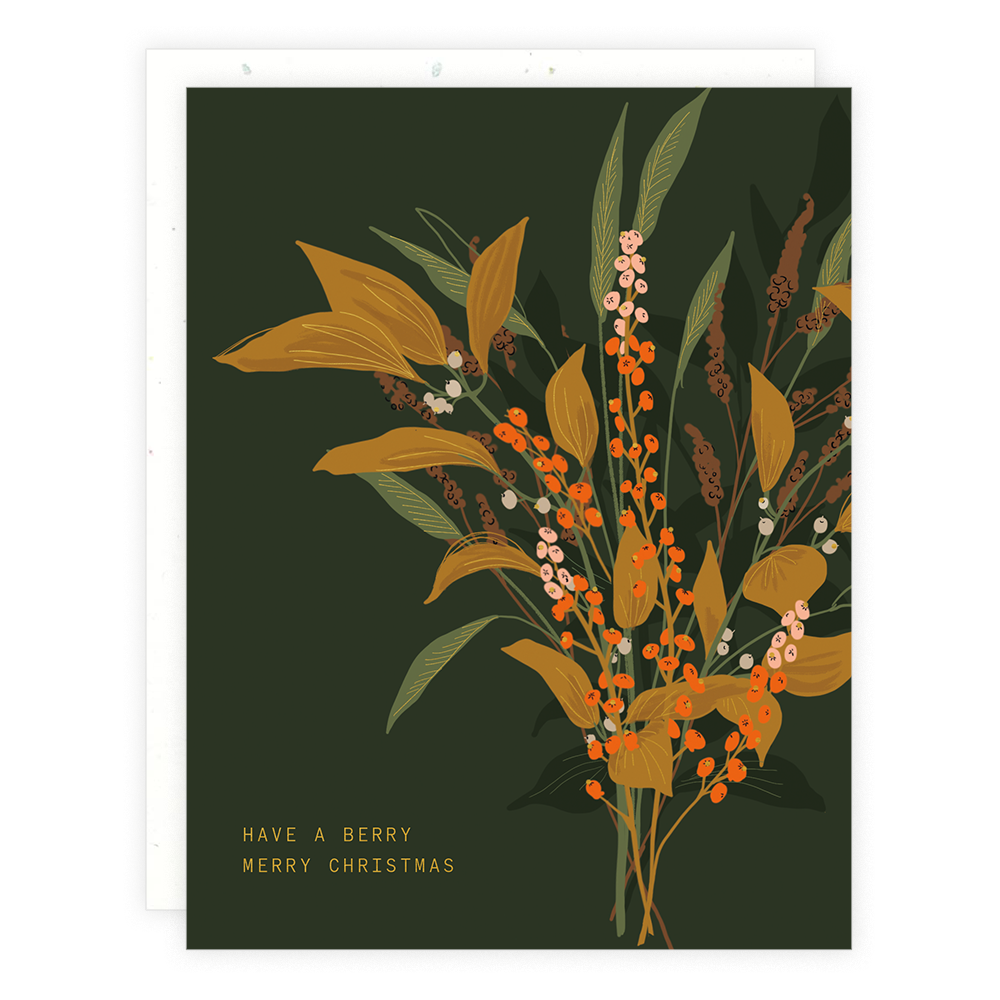 A dark green card with an illstration of a bouquet of leaves and red berries and "Have a Berry Merry Christmas" in gold foil.