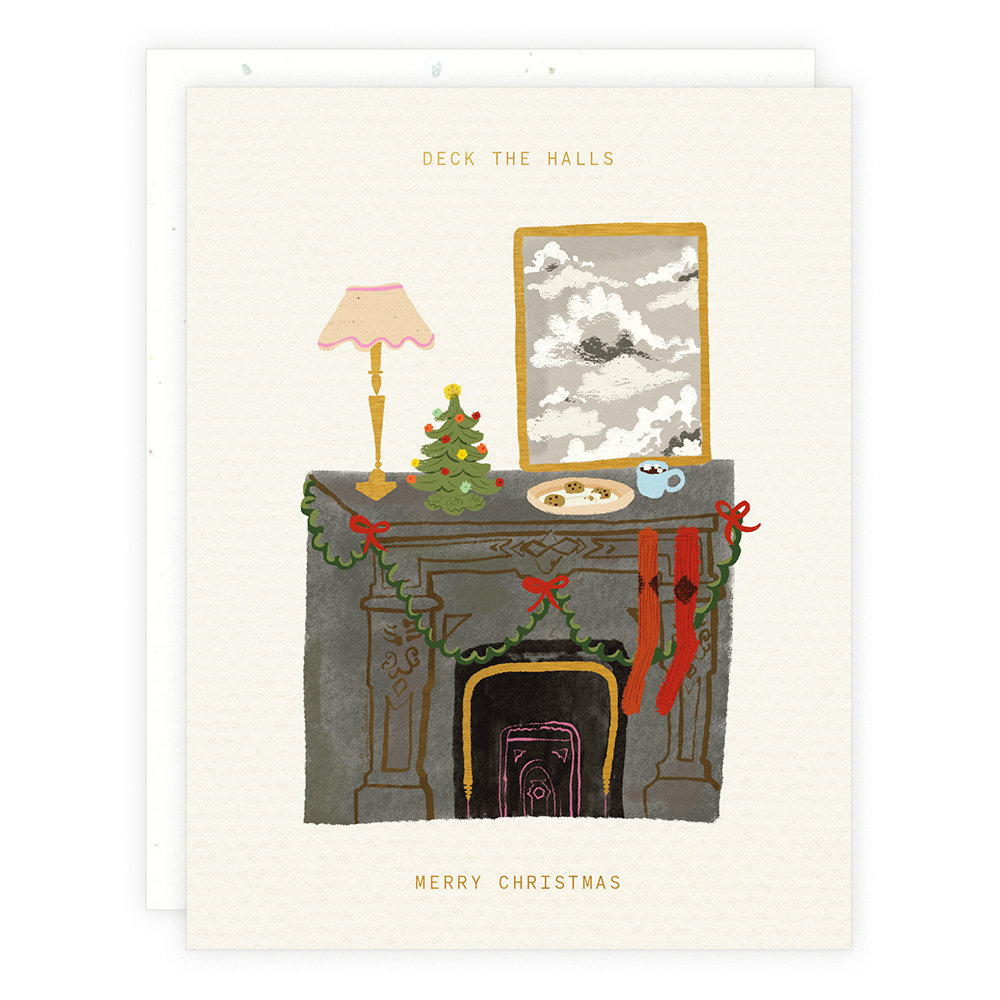 An illustration of of a fireplace decorated for the holidays with the words "Deck the Halls. Merry Christmas." in gold foil.