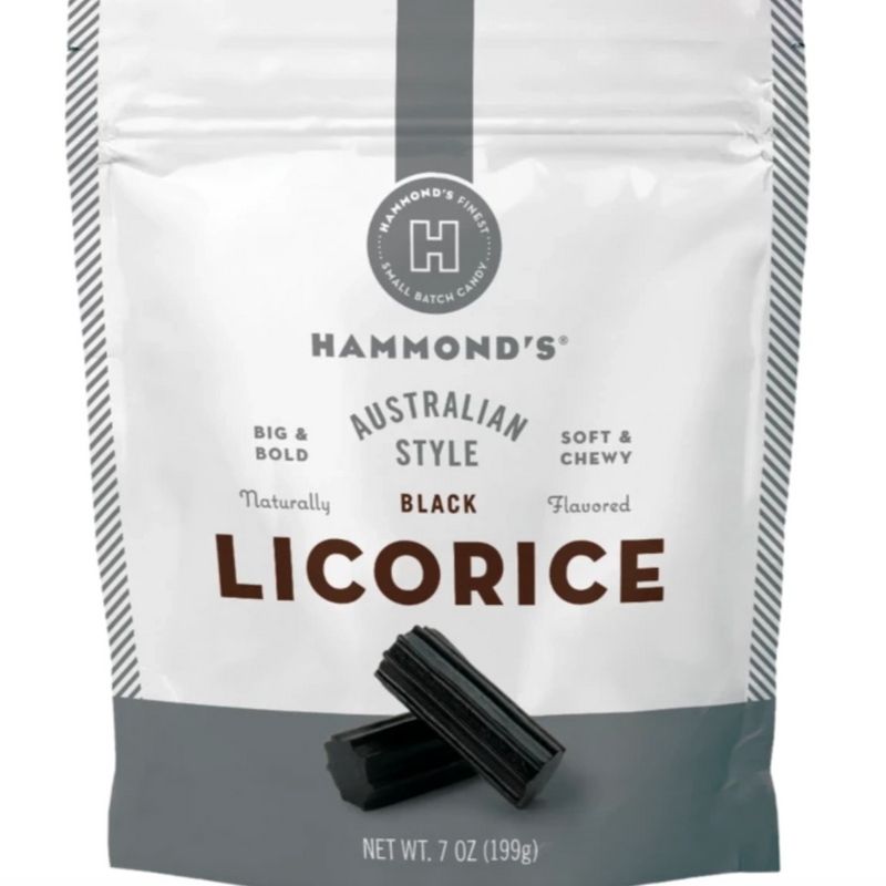 A white and gray bag of Australian Style Black Licorice.