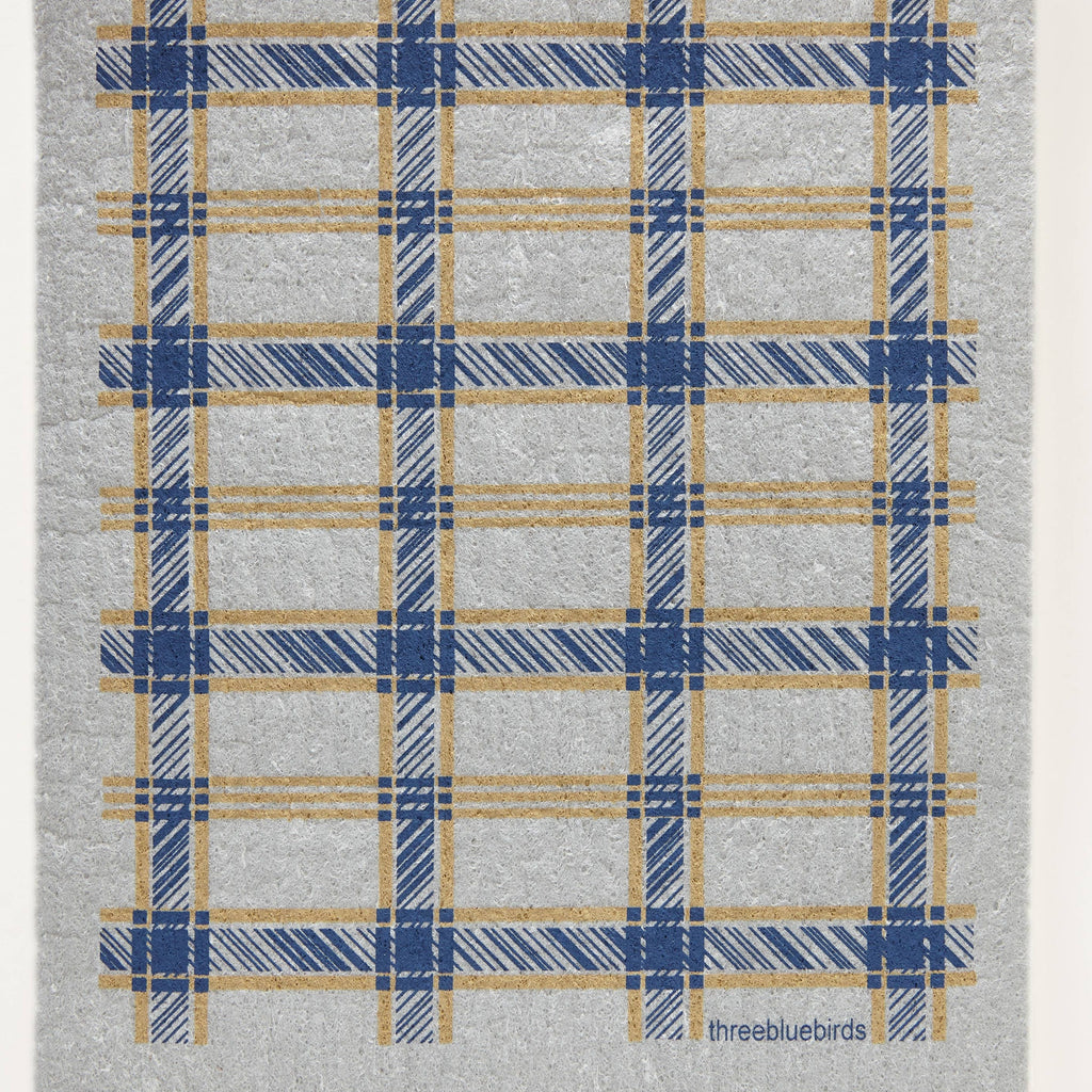 Blue Plaid on Grey Swedish Dishcloth