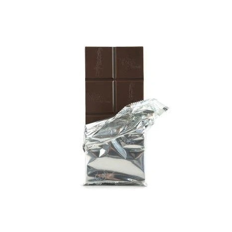 A half unwrapped chocolate bar with silver foil.