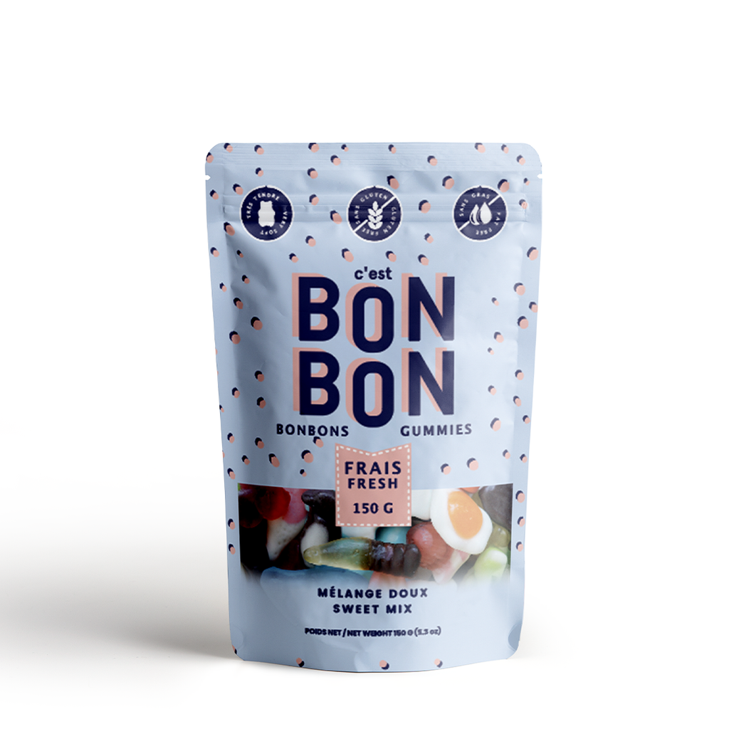 A light blue bag of Bon Bon Sweet Mix gummy candies.