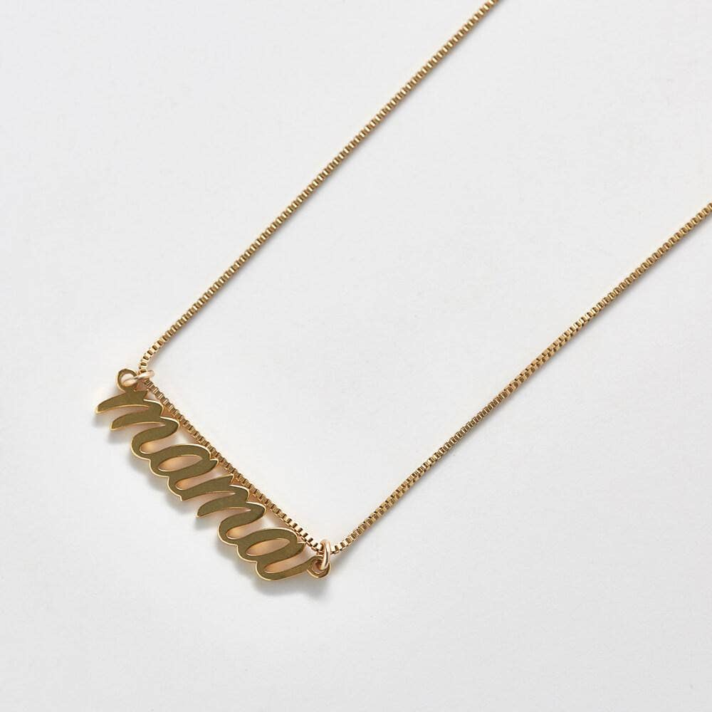 A gold necklace that says "mama" in cursive.