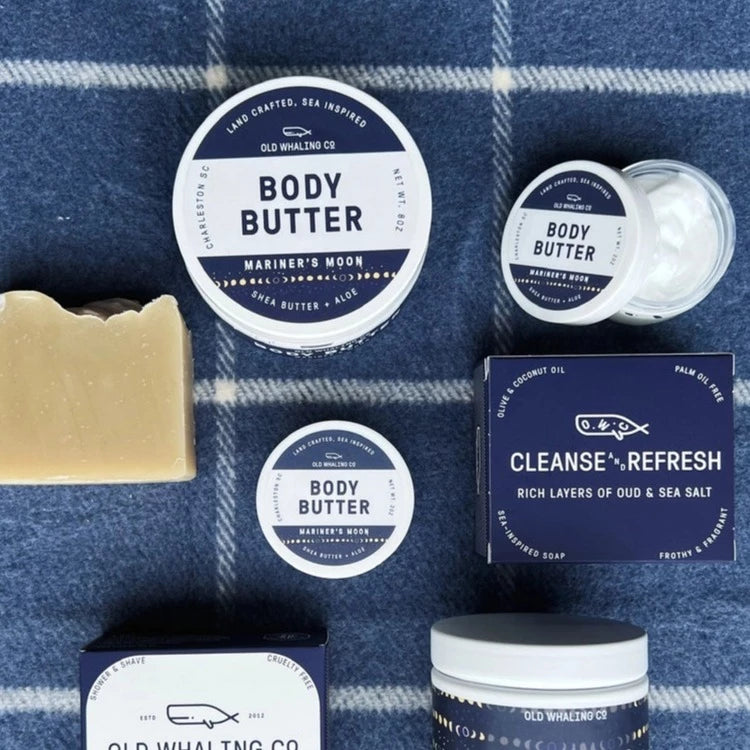 A variety of Mariner's Moon scented products including bar soap and multiple sizes of body butter.