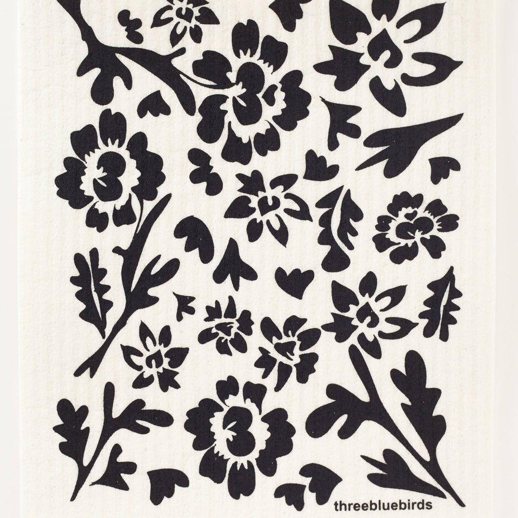 Black Flora on White Swedish Dishcloth